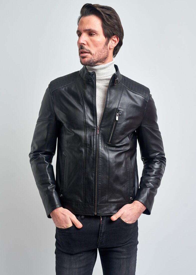 Adrien Mandarin Collar Sport Genuine Leather Jacket - 1