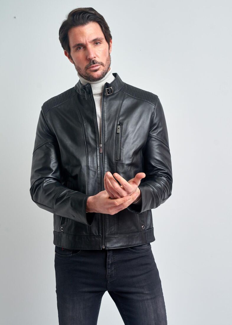 Adrien Mandarin Collar Sport Genuine Leather Jacket - 2