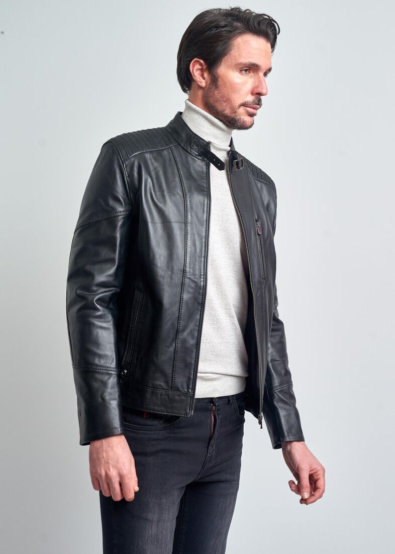 Adrien Mandarin Collar Sport Genuine Leather Jacket - 4