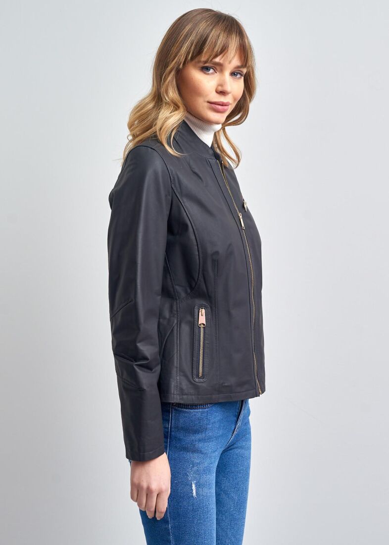 Marionx Kolej Yaka Fermuarli Gerçek Deri Ceket - 12