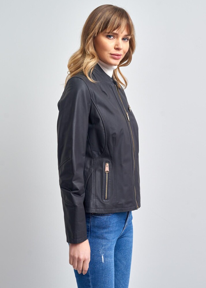 Marionx Kolej Yaka Fermuarli Gerçek Deri Ceket - 9