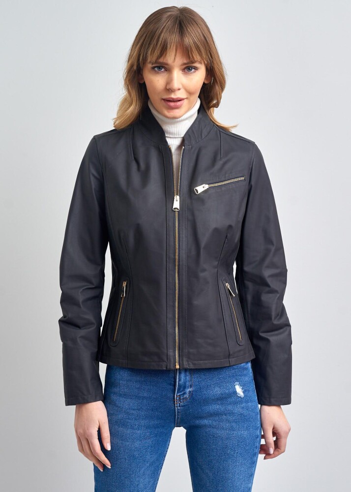 Marionx Kolej Yaka Fermuarli Gerçek Deri Ceket - 7