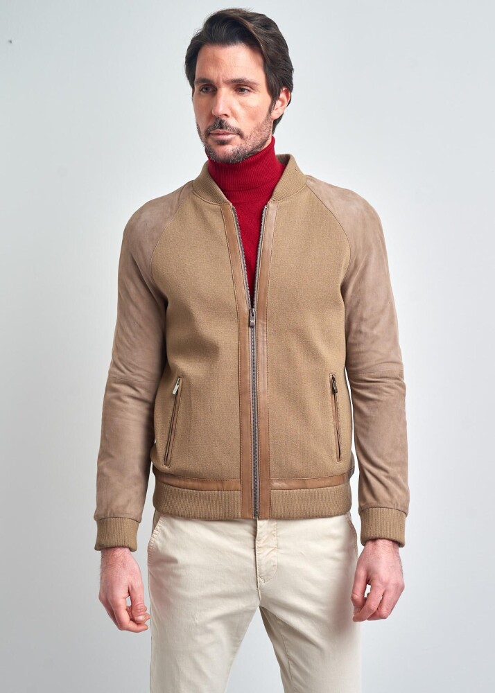 Yann Hakiki Deri - Süet Kombinli Kolej Yaka Gerçek Deri Ceket - Pierre Cardin