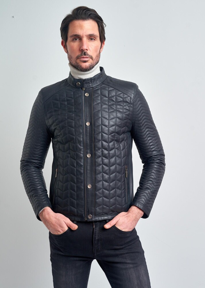 David Slim Yaka Desenli Motorcu Gerçek Deri Mont - Pierre Cardin