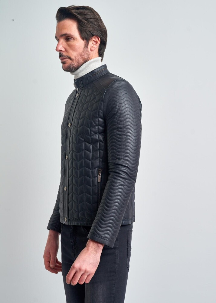 David Slim Yaka Desenli Motorcu Gerçek Deri Mont - Pierre Cardin (1)