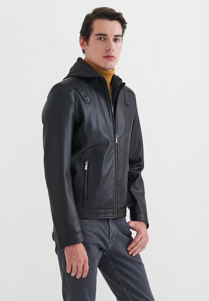 Pierre Cardin Laurent Siyah Kapüşonlu Erkek Suni Deri Mont - Pierre Cardin (1)