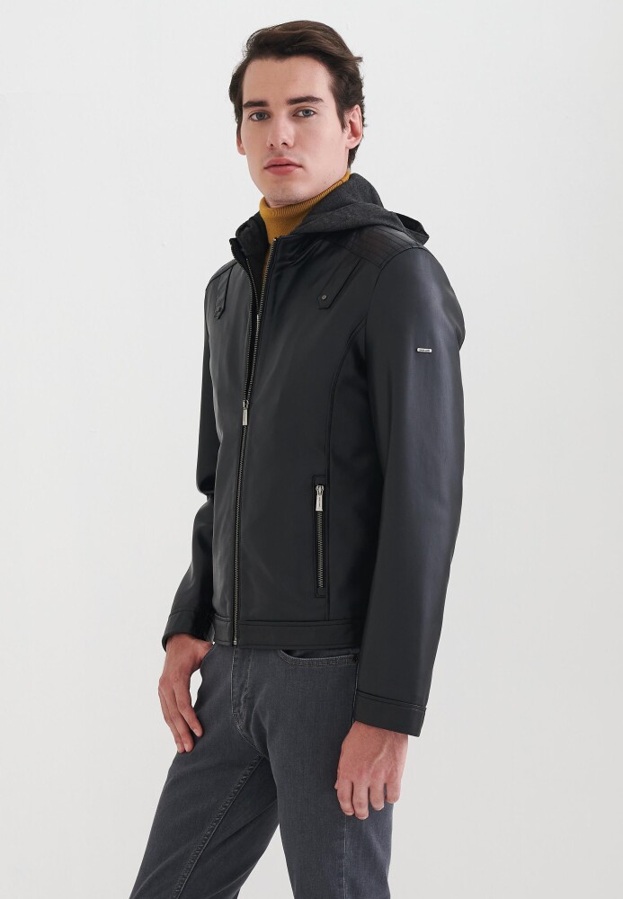 Pierre Cardin Laurent Siyah Kapüşonlu Erkek Suni Deri Mont - Pierre Cardin