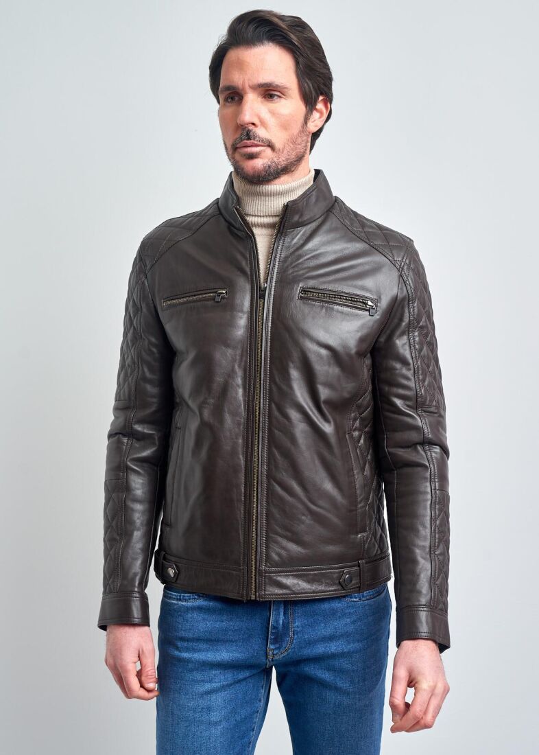 FRANCK STAND COLLAR ZIPPERED GENUINE LEATHER JACKET - 1