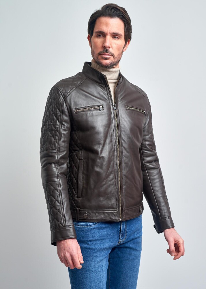 FRANCK STAND COLLAR ZIPPERED GENUINE LEATHER JACKET - 4