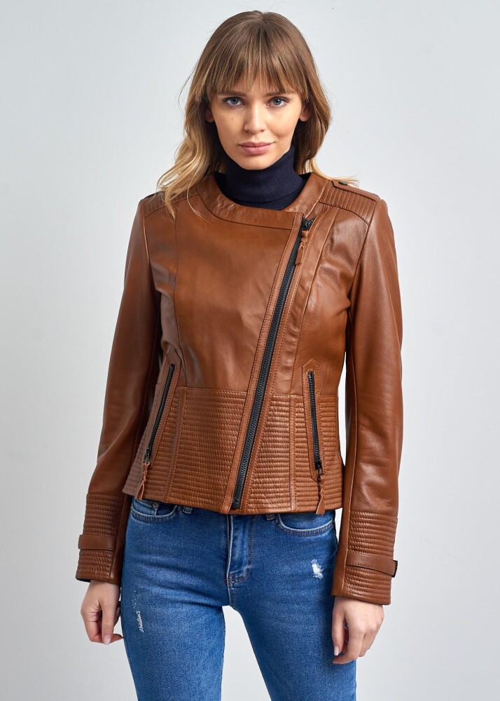 IRENE ZIPPERED GENUINE LEATHER JACKET, BIKE COLLAR - 1