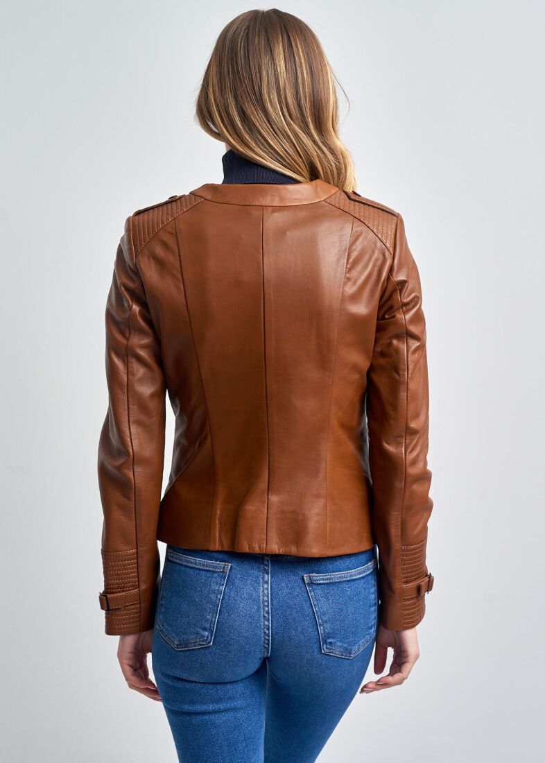 IRENE ZIPPERED GENUINE LEATHER JACKET, BIKE COLLAR - 3