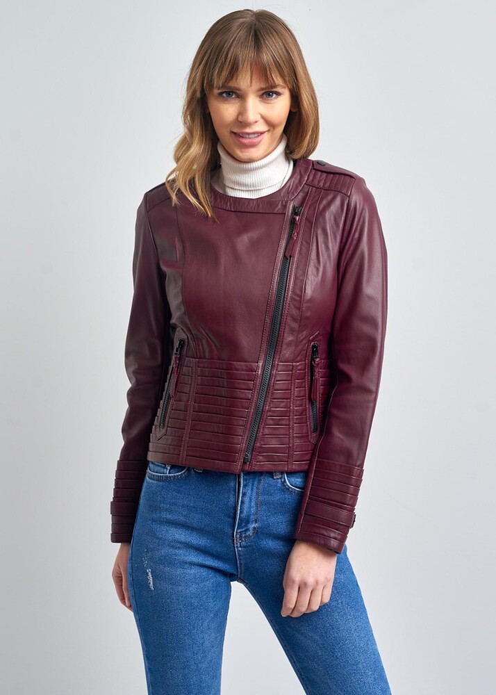 IRENE ZIPPERED GENUINE LEATHER JACKET, BIKE COLLAR - 5