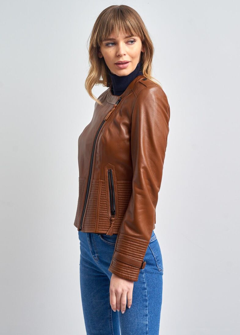 IRENE ZIPPERED GENUINE LEATHER JACKET, BIKE COLLAR - 8