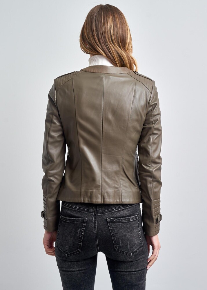 IRENE ZIPPERED GENUINE LEATHER JACKET, BIKE COLLAR - 11