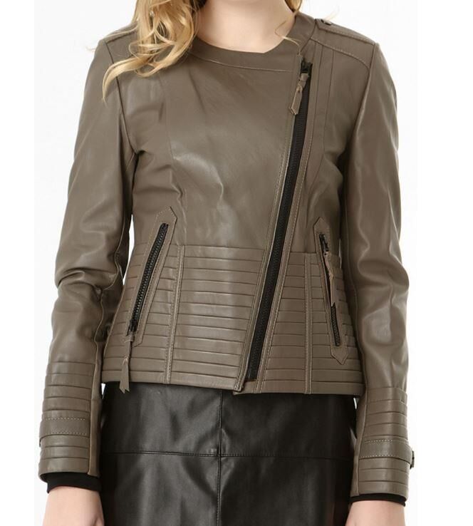 IRENE ZIPPERED GENUINE LEATHER JACKET, BIKE COLLAR - 12