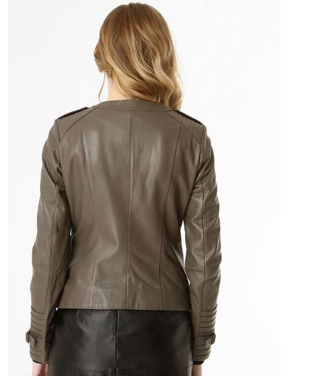 IRENE ZIPPERED GENUINE LEATHER JACKET, BIKE COLLAR - 13