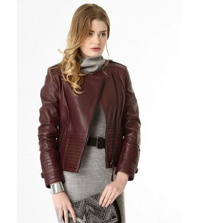 IRENE ZIPPERED GENUINE LEATHER JACKET, BIKE COLLAR - 14