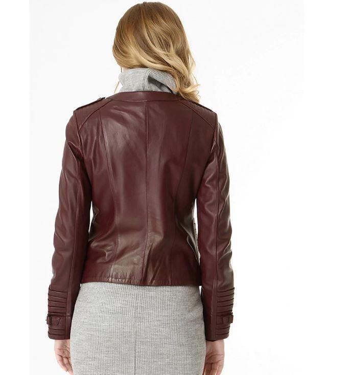 IRENE ZIPPERED GENUINE LEATHER JACKET, BIKE COLLAR - 15