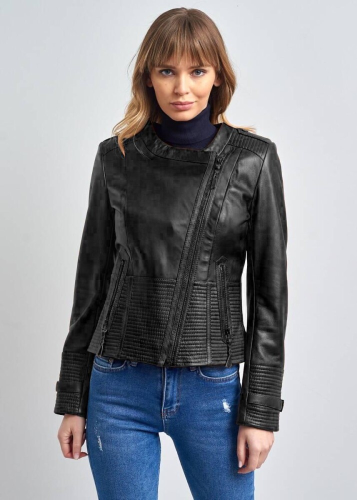 IRENE ZIPPERED GENUINE LEATHER JACKET, BIKE COLLAR - 16