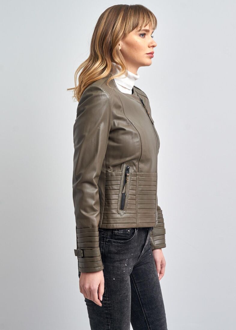 IRENE ZIPPERED GENUINE LEATHER JACKET, BIKE COLLAR - 7