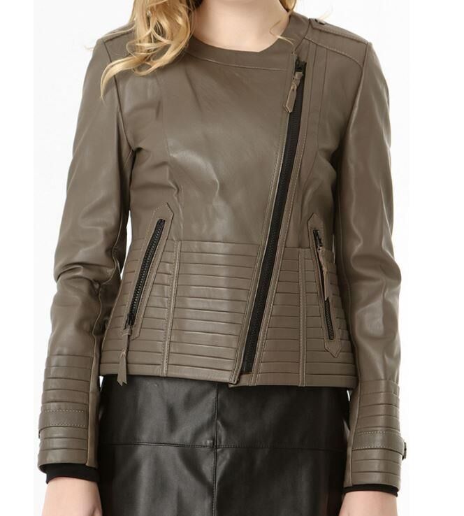 IRENE ZIPPERED GENUINE LEATHER JACKET, BIKE COLLAR - 9