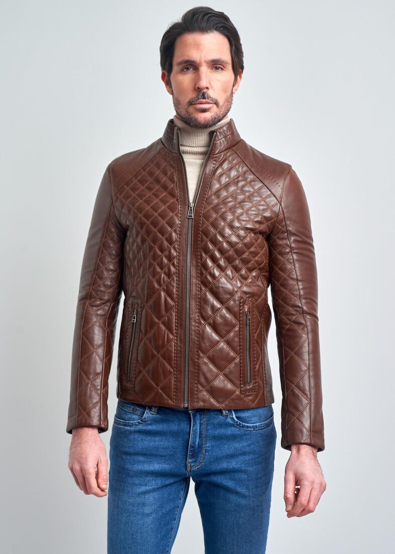 LOICH STAND COLLAR QUILTED GENUINE LEATHER JACKET - 1