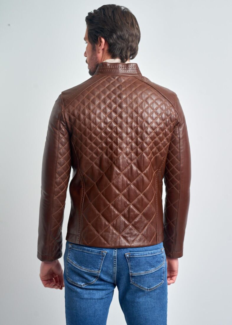 LOICH STAND COLLAR QUILTED GENUINE LEATHER JACKET - 3