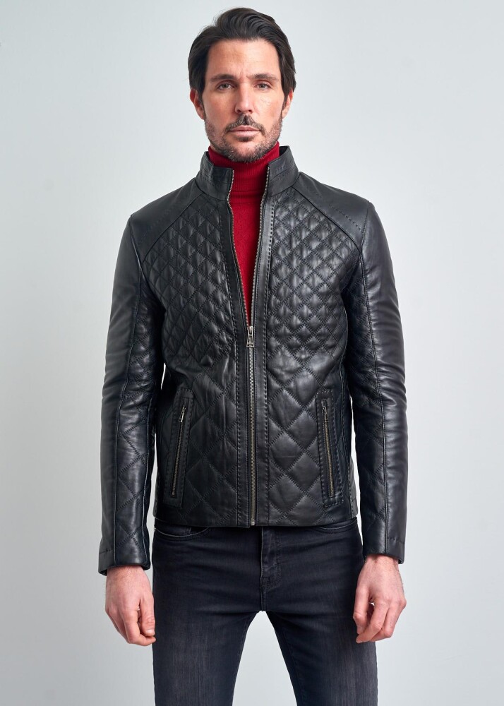 LOICH STAND COLLAR QUILTED GENUINE LEATHER JACKET - 4