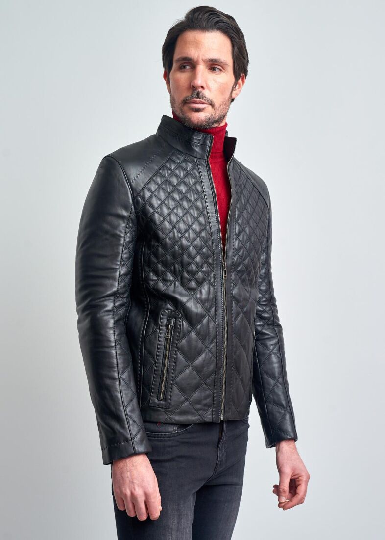 LOICH STAND COLLAR QUILTED GENUINE LEATHER JACKET - 5