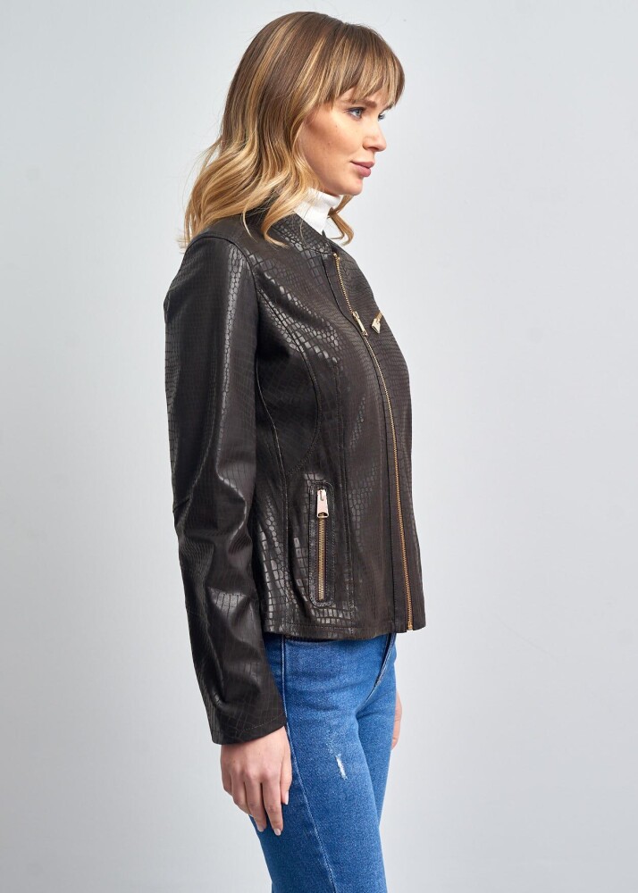 MARIONX COLLEGE COLLAR ZIPPERED GENUINE LEATHER JACKET - 15