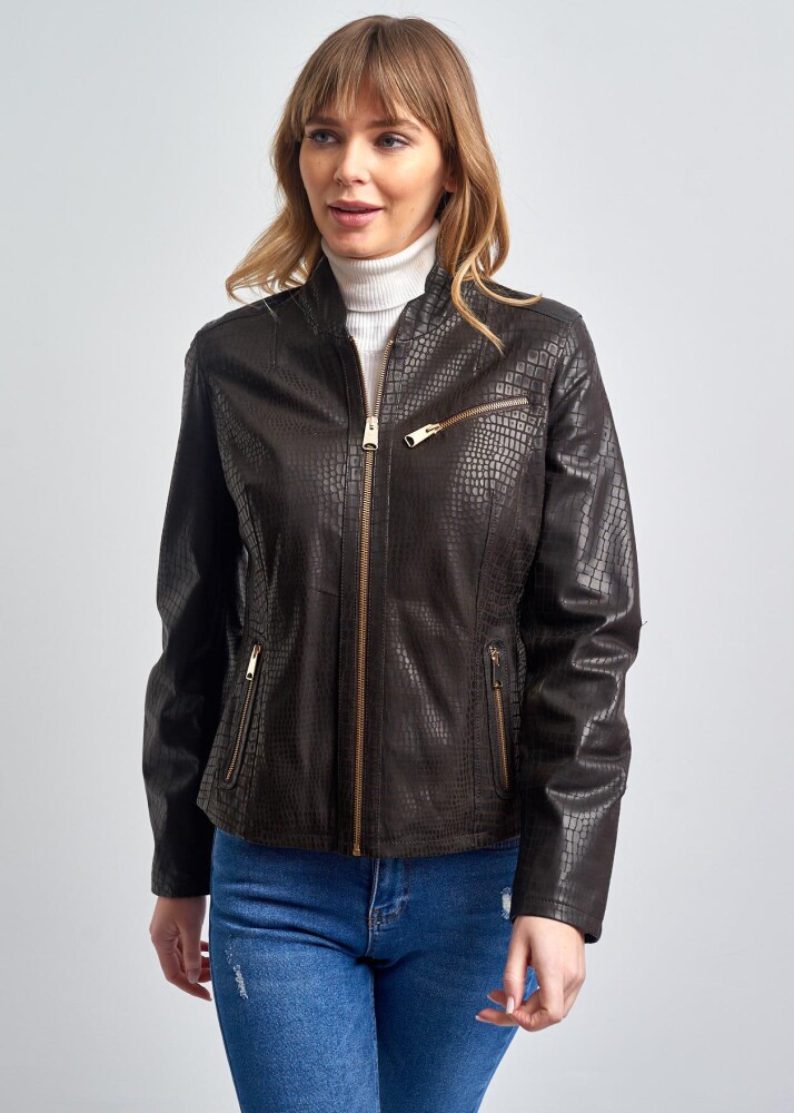 MARIONX COLLEGE COLLAR ZIPPERED GENUINE LEATHER JACKET - 17