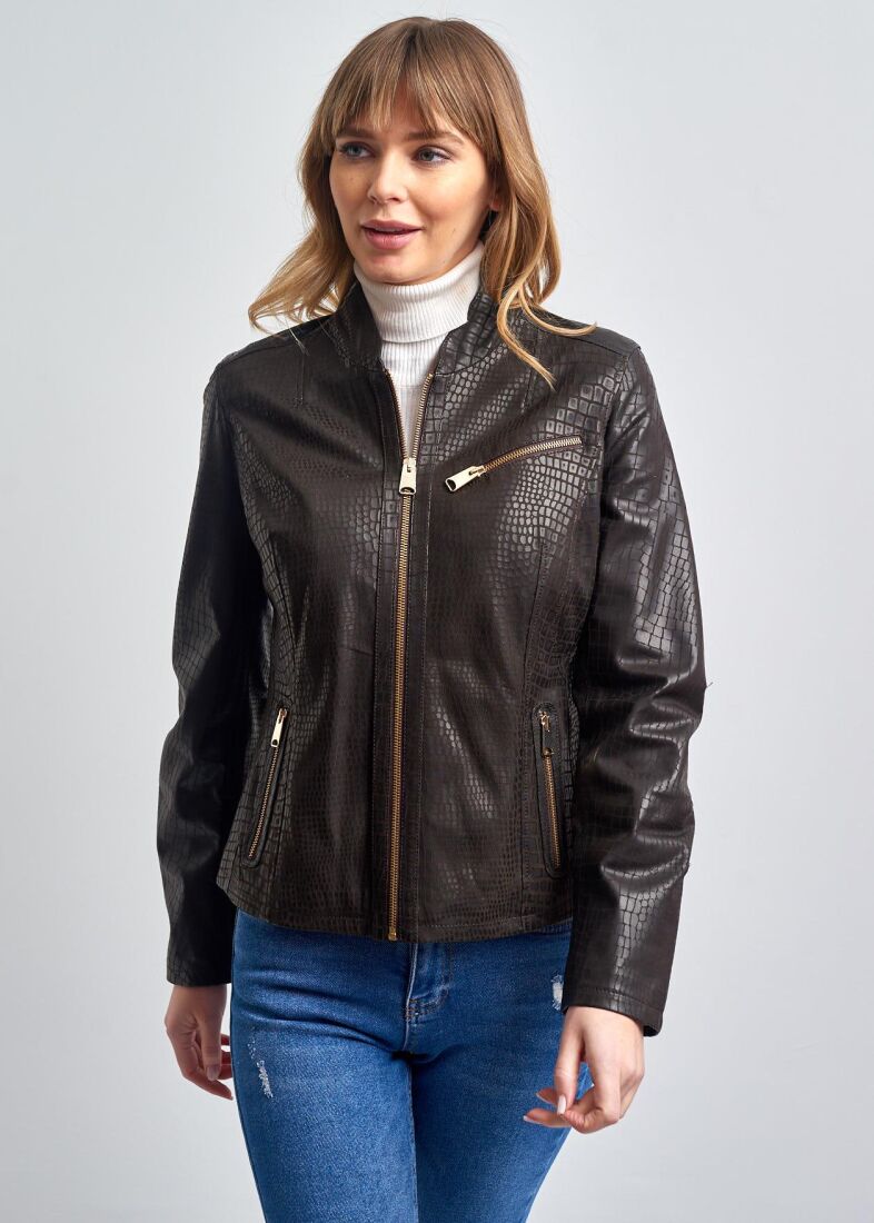 MARIONX COLLEGE COLLAR ZIPPERED GENUINE LEATHER JACKET - 17