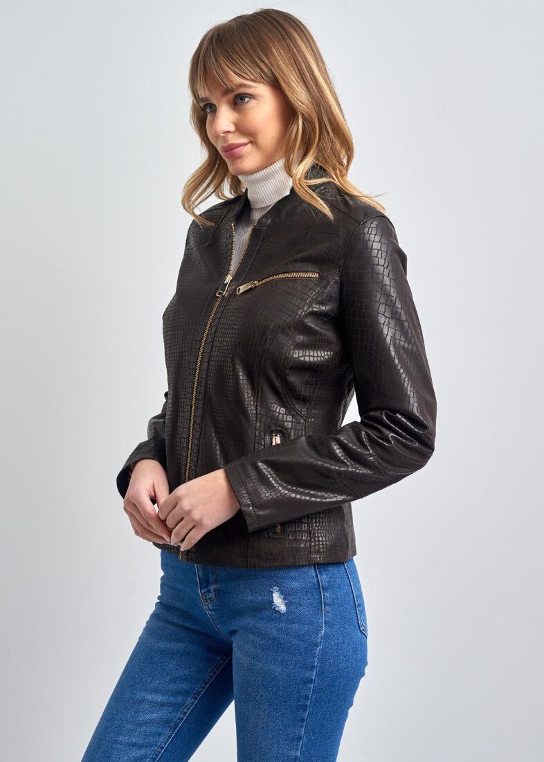 MARIONX COLLEGE COLLAR ZIPPERED GENUINE LEATHER JACKET - 13