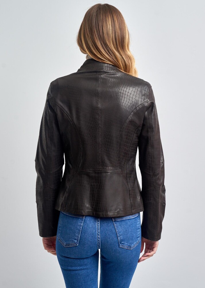 MARIONX COLLEGE COLLAR ZIPPERED GENUINE LEATHER JACKET - 11