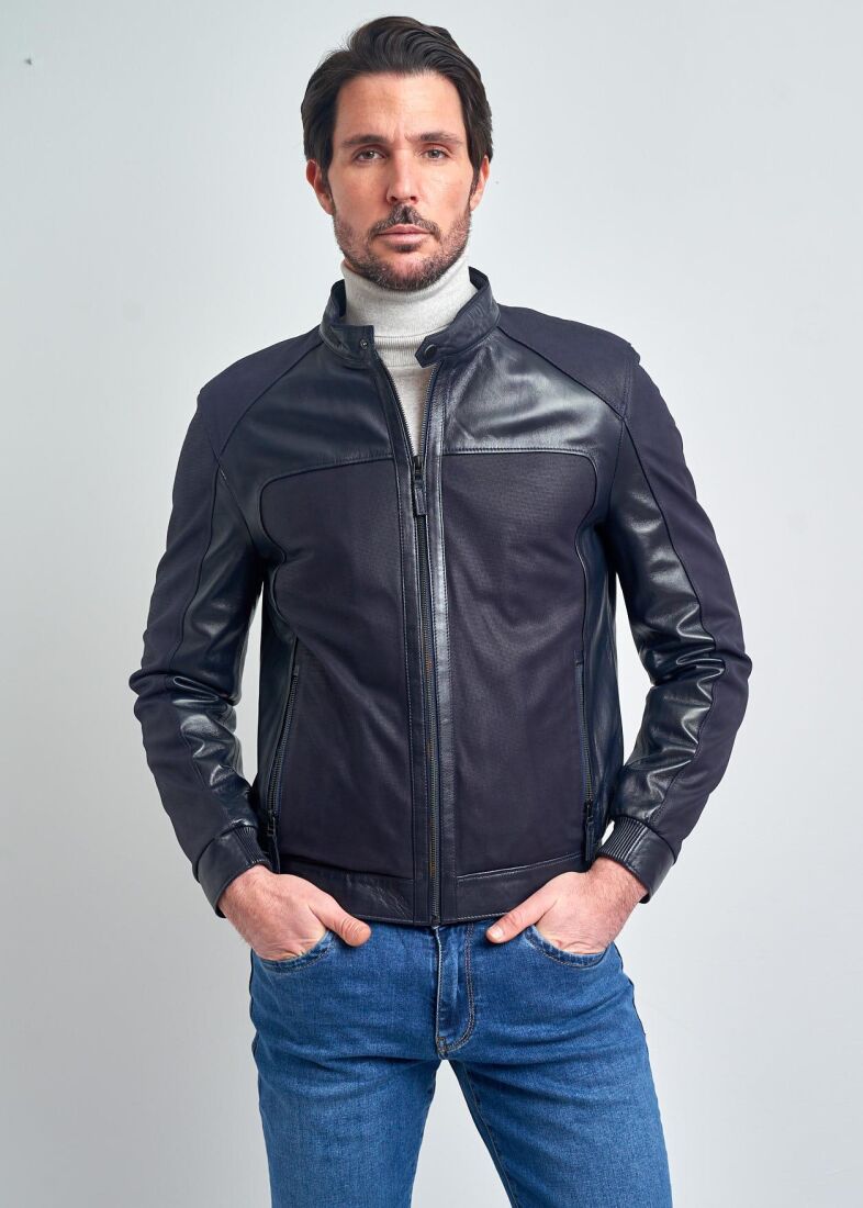 MAXENCE NAVY STAND COLLAR GENUINE LEATHER JACKET - 1