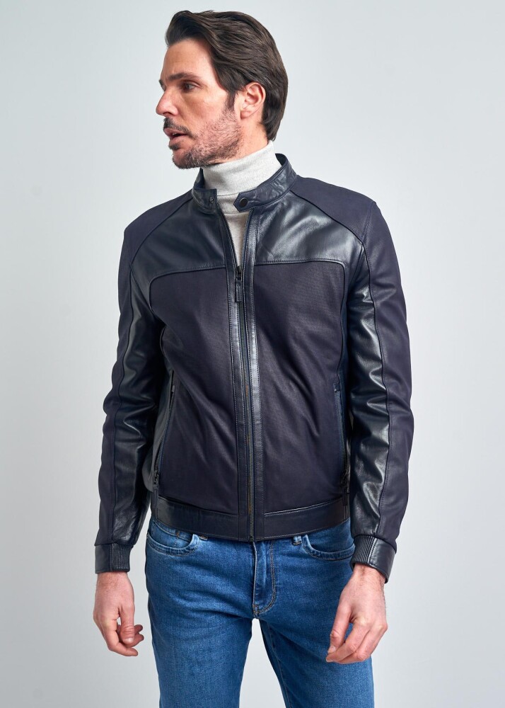 MAXENCE NAVY STAND COLLAR GENUINE LEATHER JACKET - 2