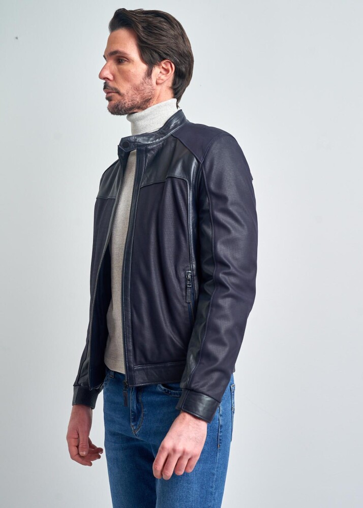 MAXENCE NAVY STAND COLLAR GENUINE LEATHER JACKET - 4