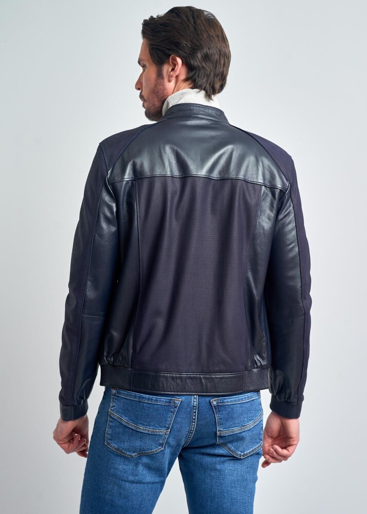 MAXENCE NAVY STAND COLLAR GENUINE LEATHER JACKET - 5