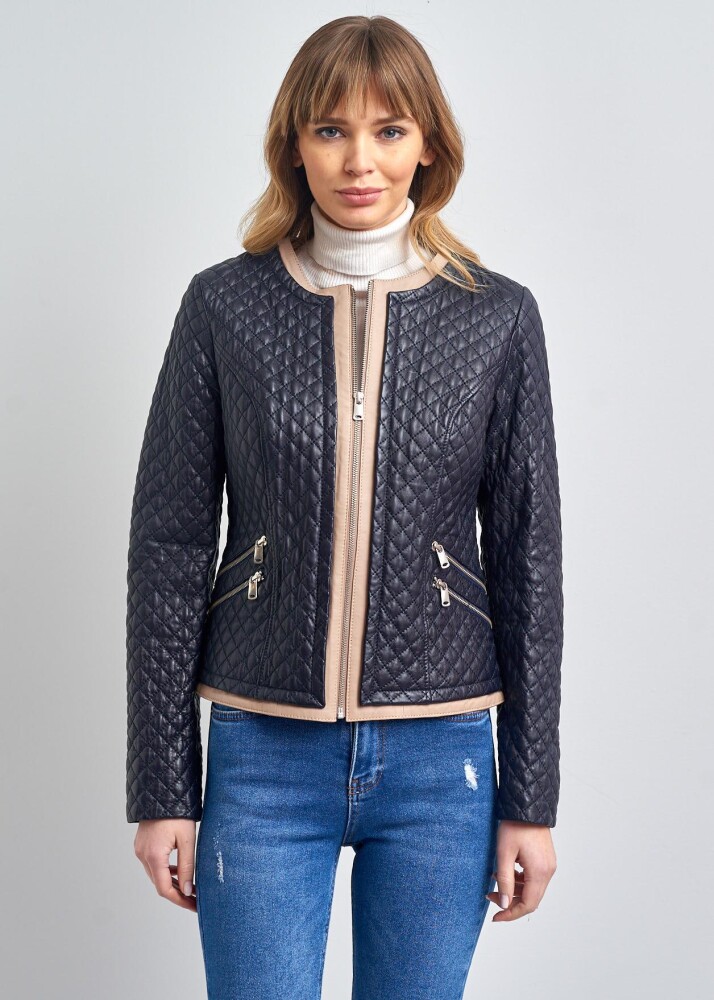 MELANIE QUILTED BIKE COLLAR GENUINE LEATHER JACKET - Pierre Cardin