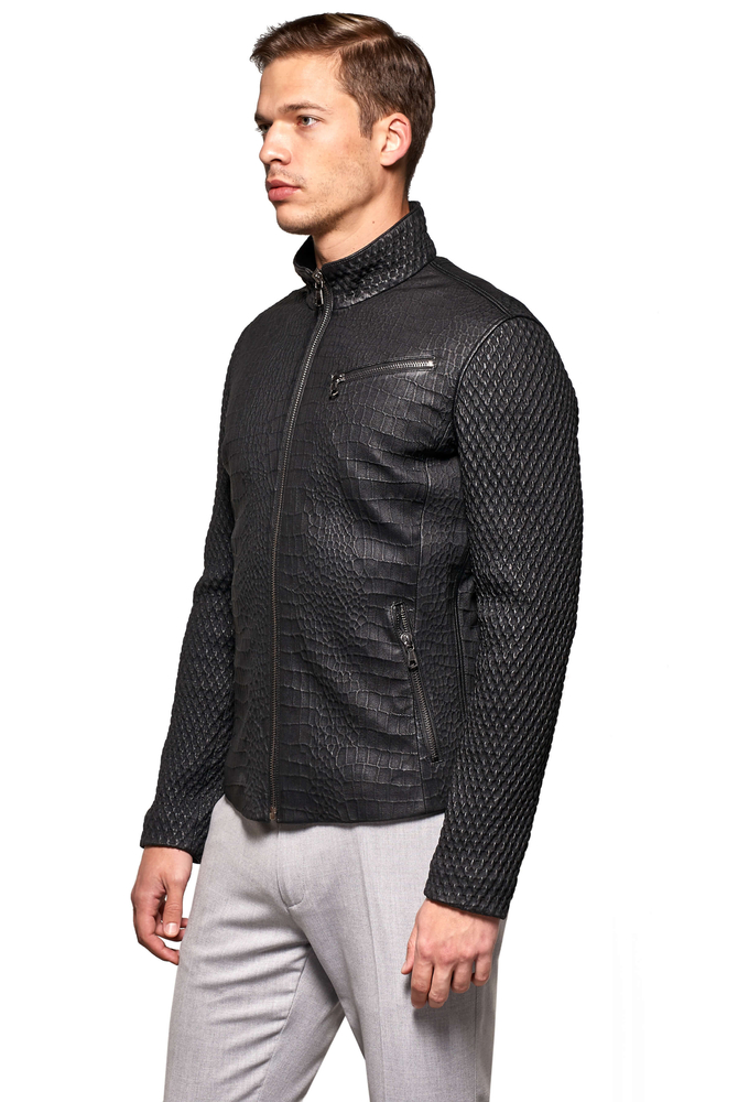 Men's Black Patterned Genuine Leather Jacket - 2