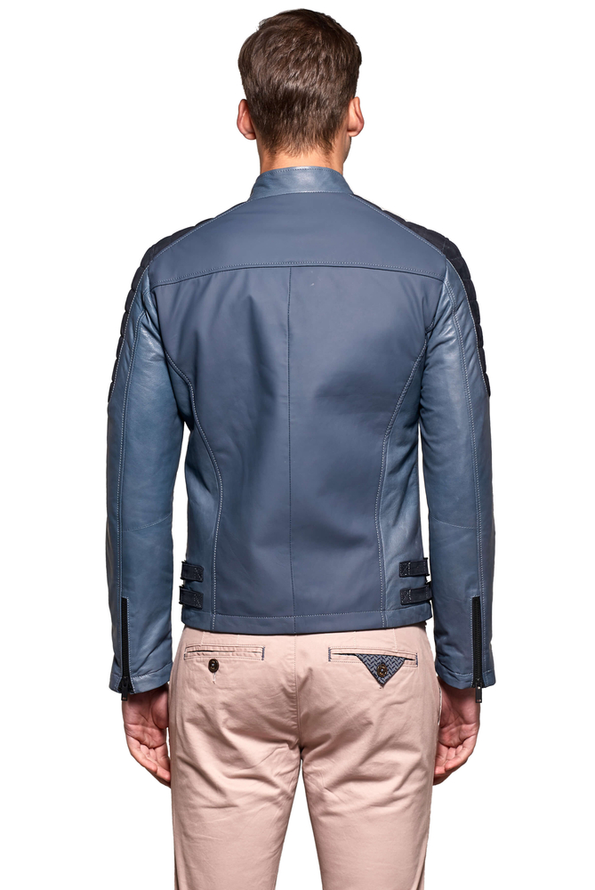 Men's Blue Biker Short Genuine Leather Jacket - 3