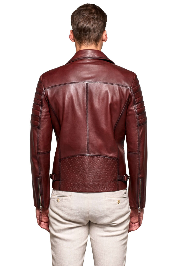 Men's Burgundy Short Leather Jacket With Pocket - 3