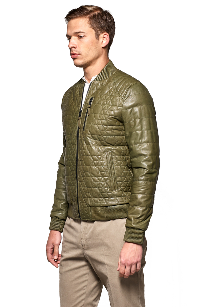 Men's Green College Collar Quilted Genuine Leather Jacket - 2