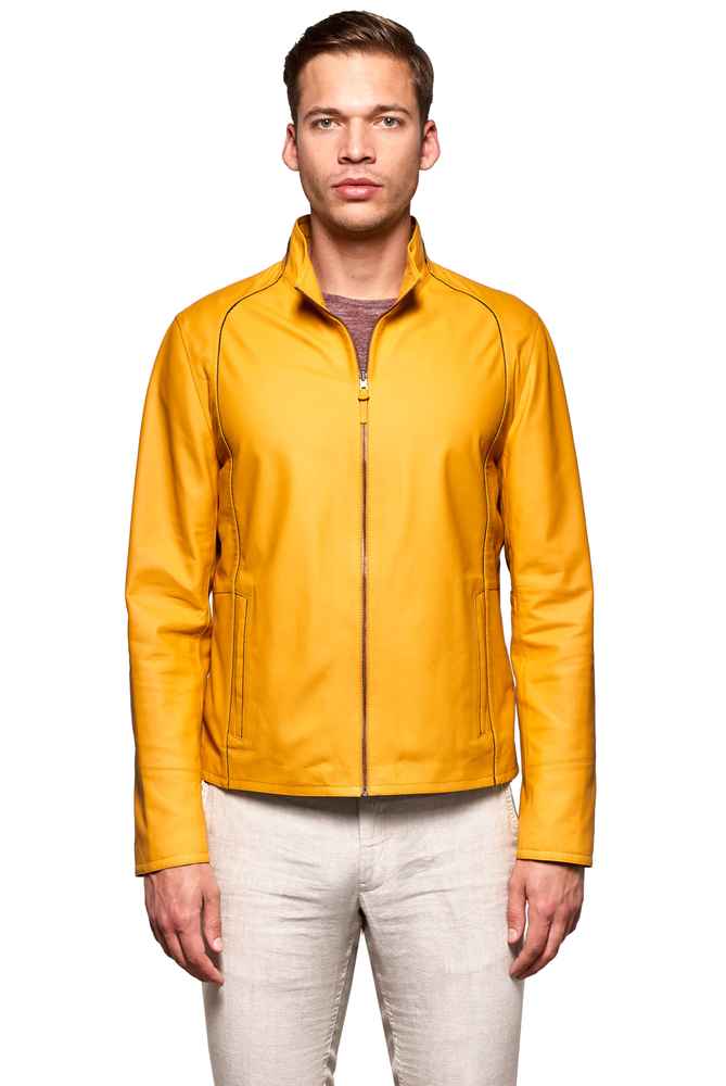 Men's Yellow Basic Double Sided Genuine Leather Jacket - 1