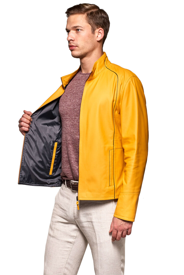 Men's Yellow Basic Double Sided Genuine Leather Jacket - 2