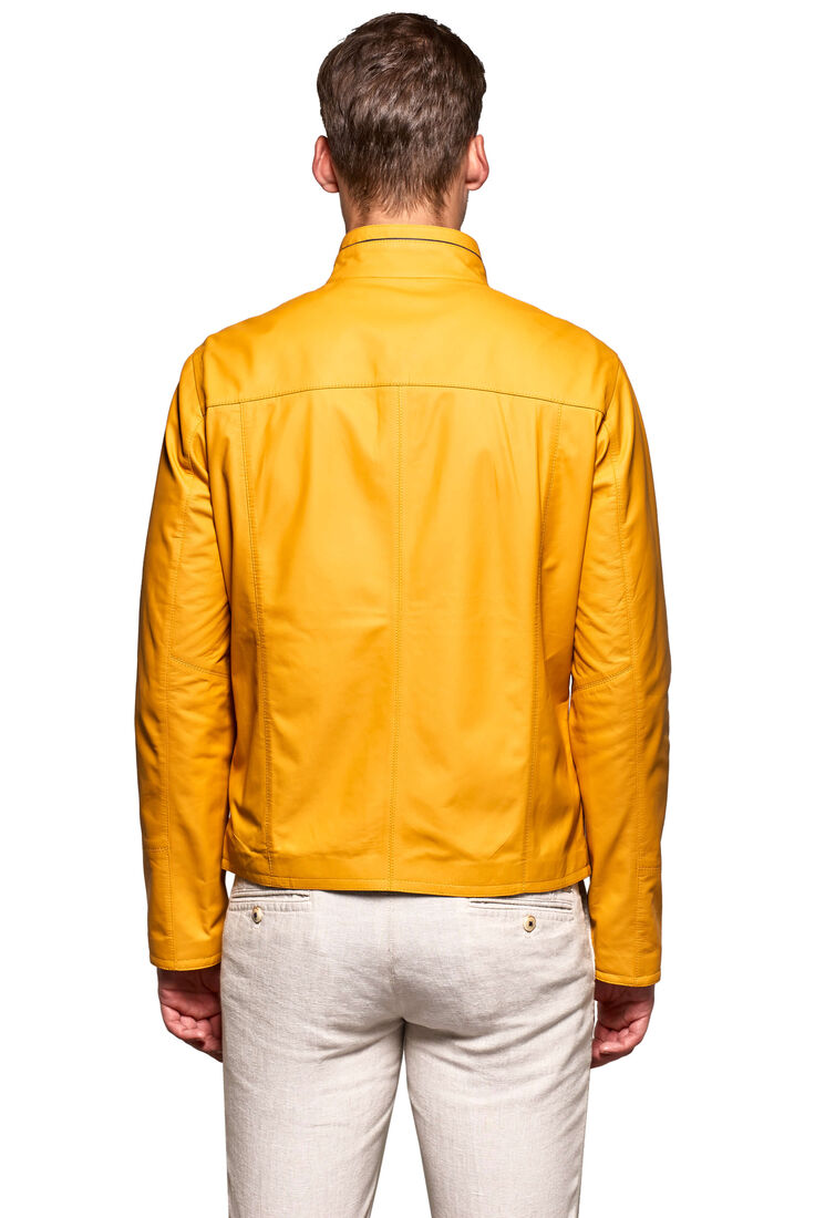 Men's Yellow Basic Double Sided Genuine Leather Jacket - 3