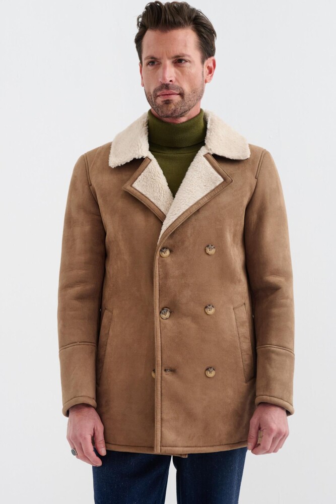 NOLAN REGULAR FIT FUR-LINED INSIDE BUTTONED FOLDED COLLAR WITH SIDE POCKETS CLASSIC BROWN SUEDE COAT - 1