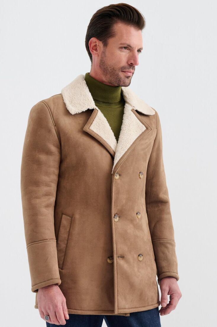 NOLAN REGULAR FIT FUR-LINED INSIDE BUTTONED FOLDED COLLAR WITH SIDE POCKETS CLASSIC BROWN SUEDE COAT - 3
