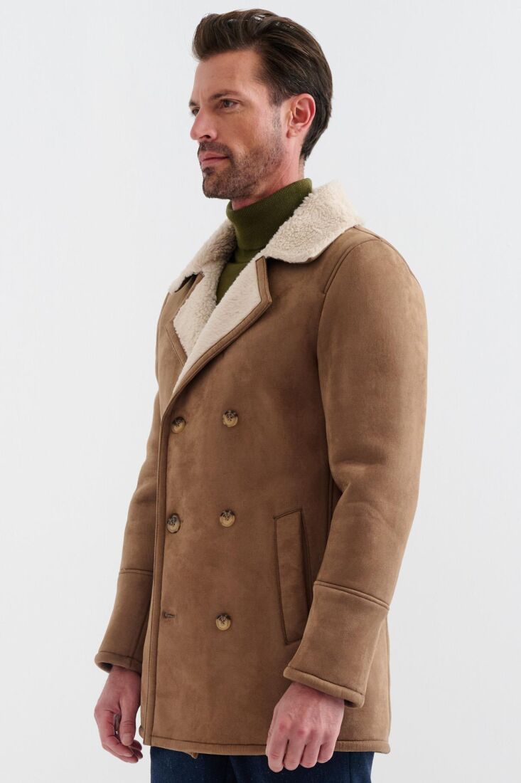 NOLAN REGULAR FIT FUR-LINED INSIDE BUTTONED FOLDED COLLAR WITH SIDE POCKETS CLASSIC BROWN SUEDE COAT - 2