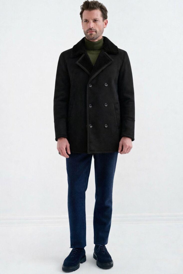 NOLAN REGULAR FIT FUR-LINED INSIDE BUTTONED FOLDED COLLAR WITH SIDE POCKETS CLASSIC BROWN SUEDE COAT - 6